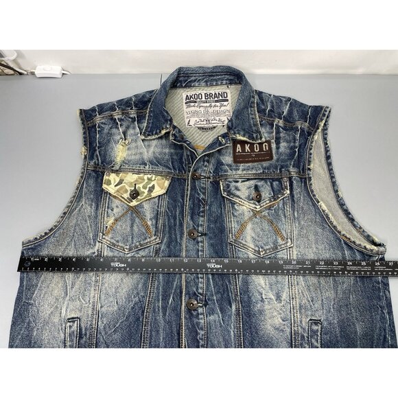 Akoo Brand Jean Vest Denim Camo Distressed Biker Hip Hop Streetwear Mens 3XL - Picture 8 of 10